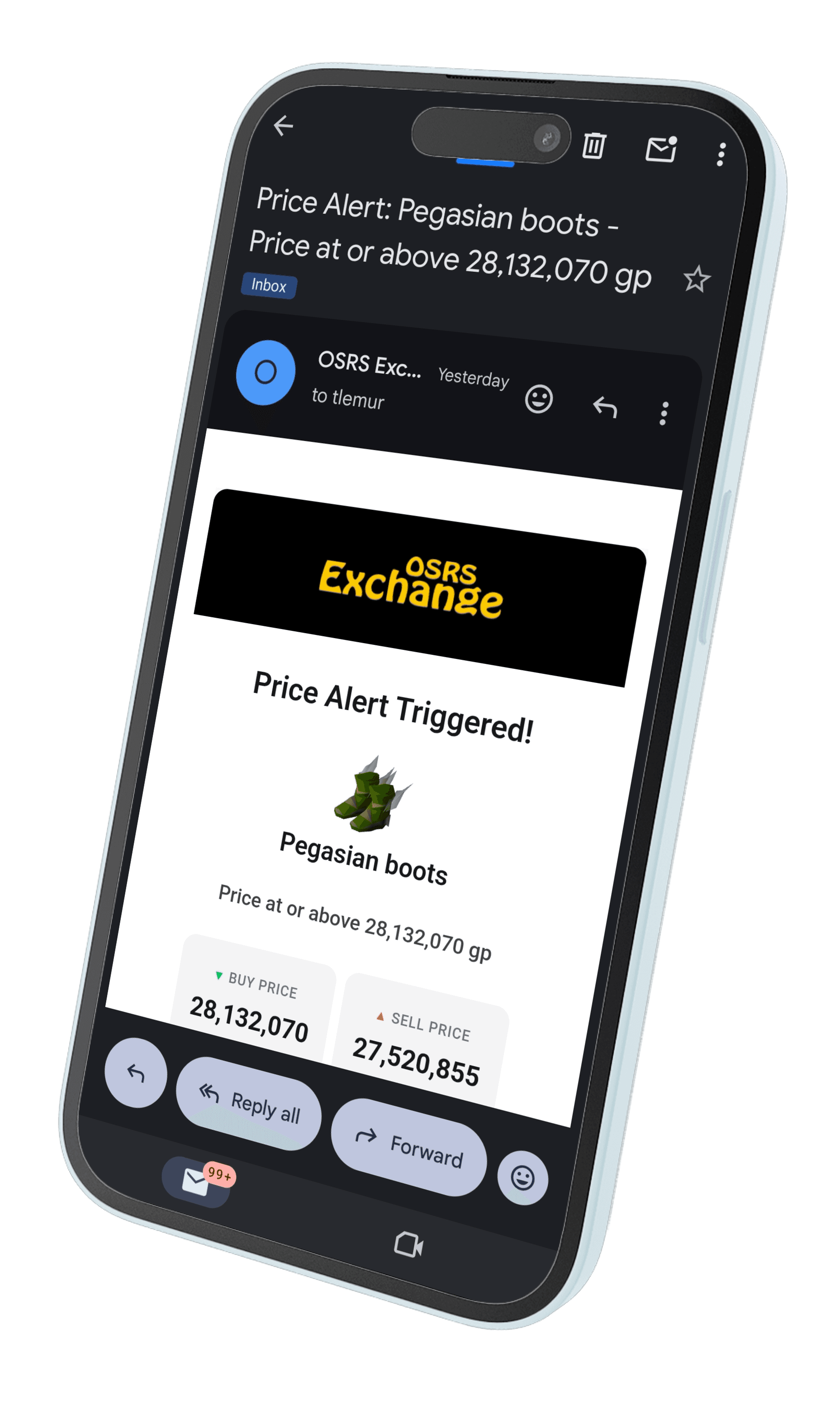 OSRS Exchange email price alert notification on iPhone
