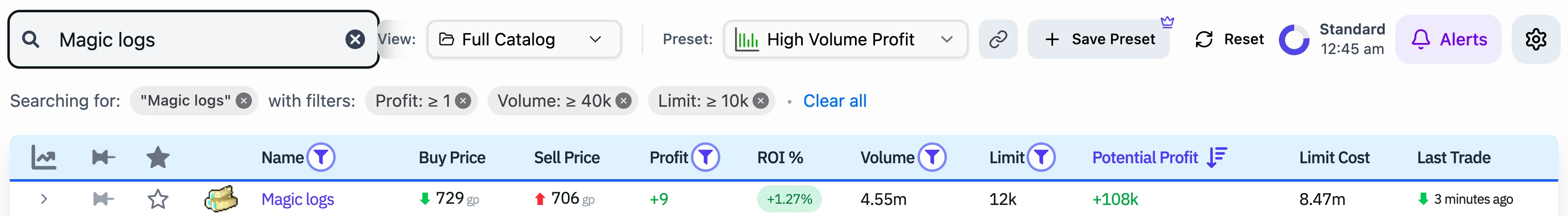 The GE Tracker on the High Volume Profit preset, with the Magic logs row marked