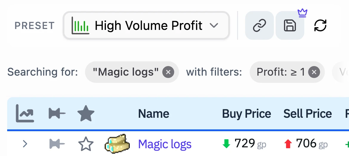The GE Tracker on the High Volume Profit preset, with the Magic logs row marked
