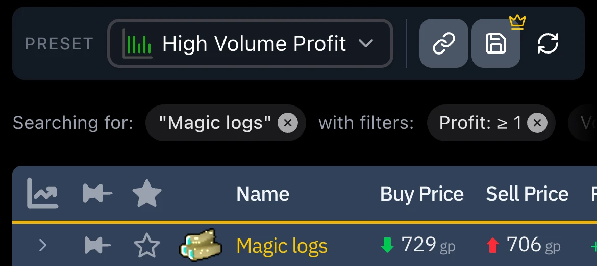 The GE Tracker on the High Volume Profit preset, with the Magic logs row marked