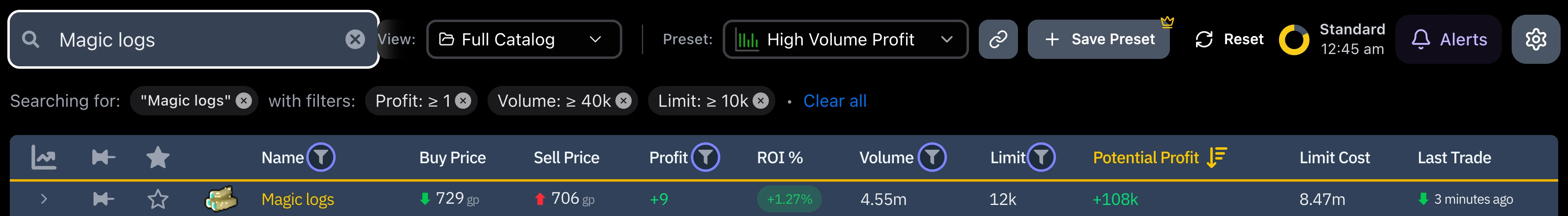 The GE Tracker on the High Volume Profit preset, with the Magic logs row marked
